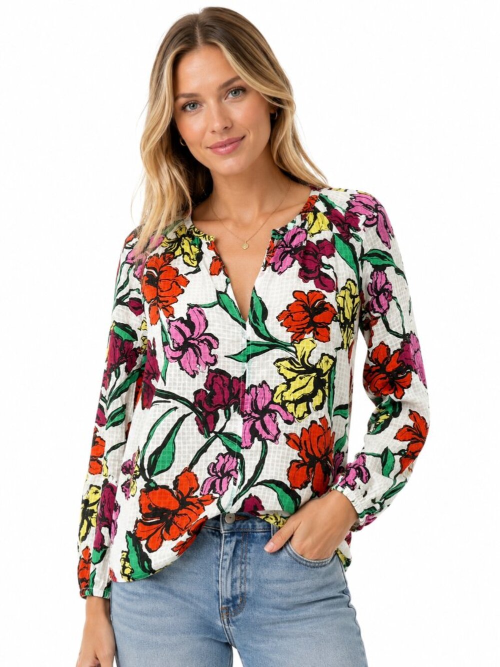Roberta Roller Rabbit Lightweight Cotton Blouse V-Neck Floral 3/4 Sleeve Size XS